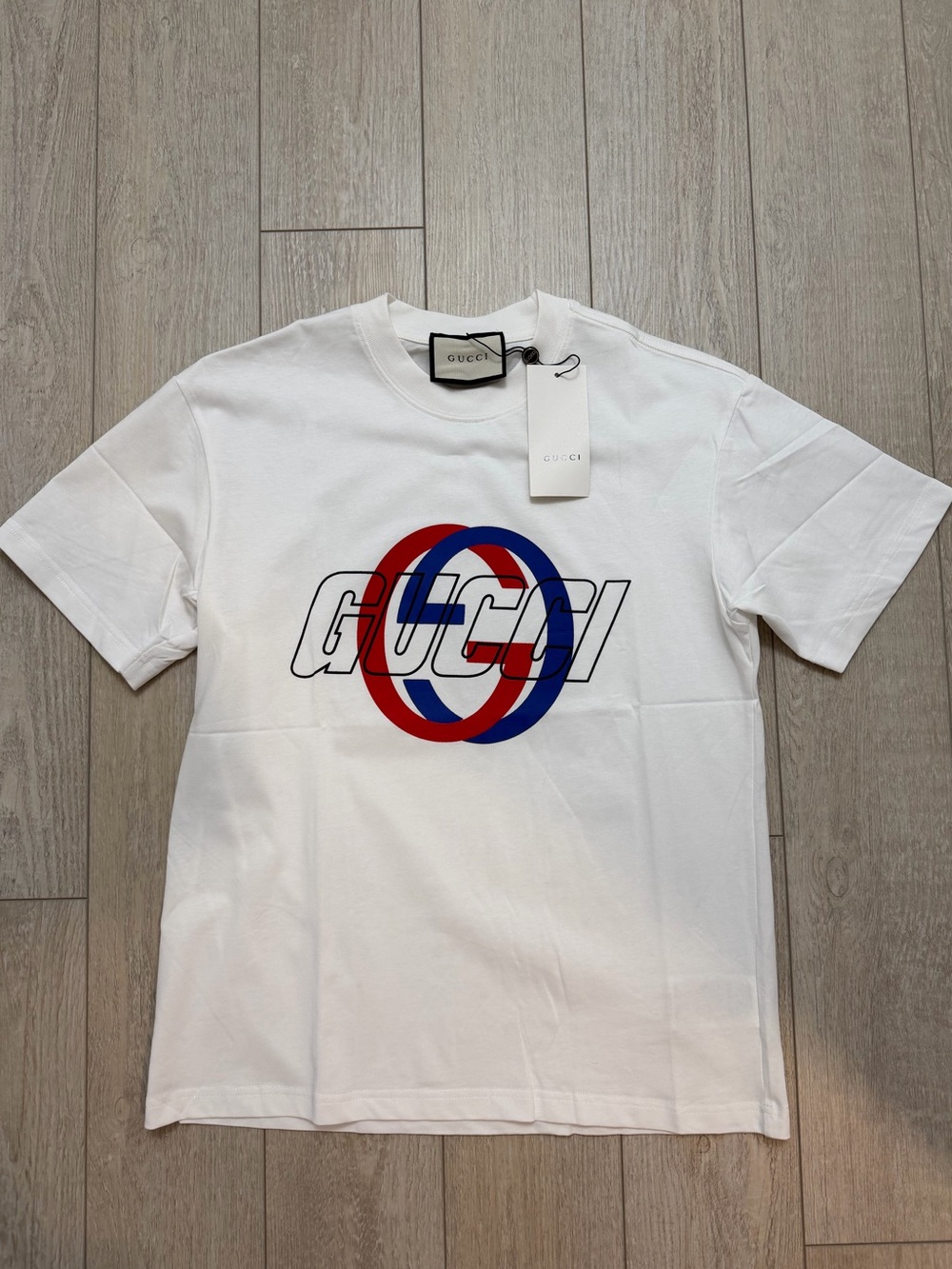 GUCCI White Interlocking Logo Graphic T-Shirt — Size S